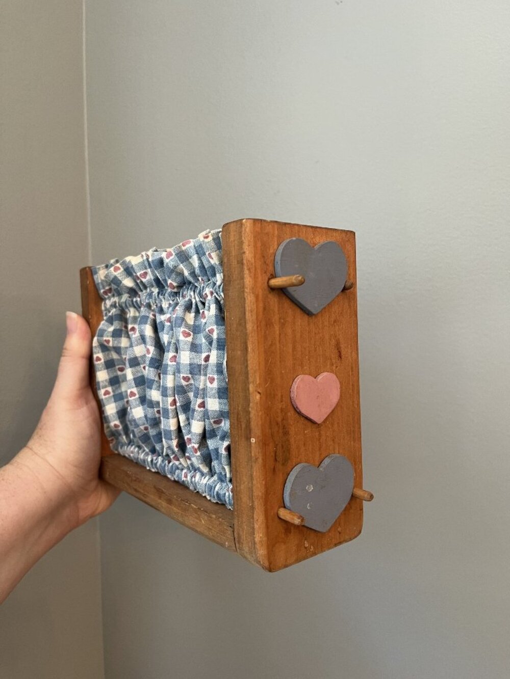 Vintage Wooden Napkin Holder With Heart Cutouts & Blue Gingham Fabric Cottagecor